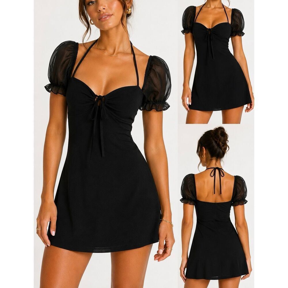 Princess Polly Black Puff Sleeve Mini Dress US 6 Tie Front Party Dress